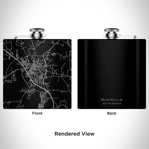 Rendered View of Huntsville Texas Map Engraving on 6oz Stainless Steel Flask in Black