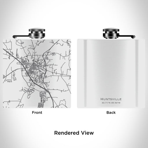 Rendered View of Huntsville Texas Map Engraving on 6oz Stainless Steel Flask in White