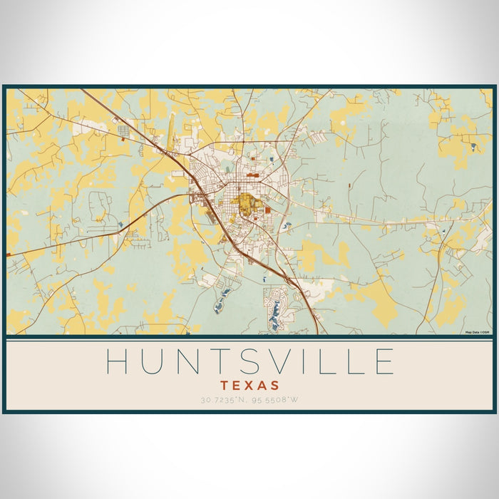 Huntsville Texas Map Print Landscape Orientation in Woodblock Style With Shaded Background
