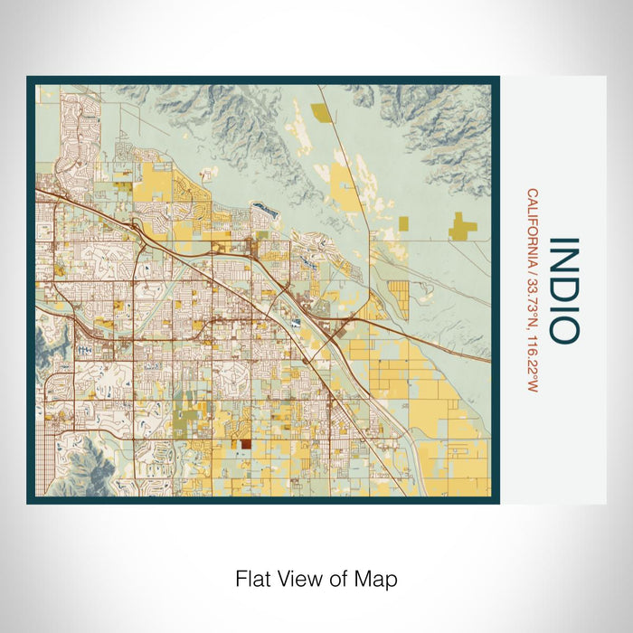 Rendered View of Indio California Map on 20oz Stainless Steel Insulated Bottle with Bamboo Top with printed woodblock style map