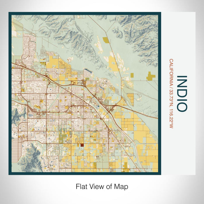 Rendered View of Indio California Map on 17oz Stainless Steel Insulated Tumbler in Woodblock Map Style