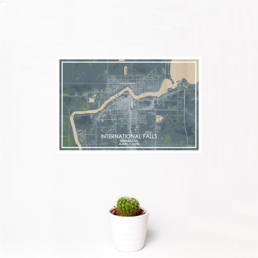 12x18 International Falls Minnesota Map Print Landscape Orientation in Afternoon Style With Small Cactus Plant in White Planter
