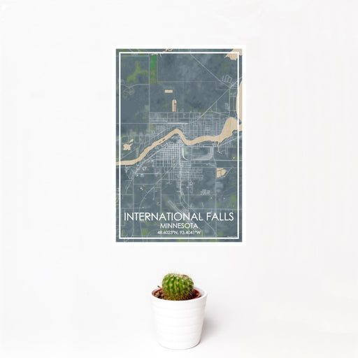 12x18 International Falls Minnesota Map Print Portrait Orientation in Afternoon Style With Small Cactus Plant in White Planter
