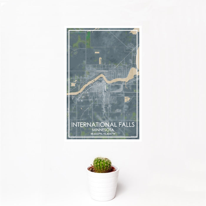 12x18 International Falls Minnesota Map Print Portrait Orientation in Afternoon Style With Small Cactus Plant in White Planter