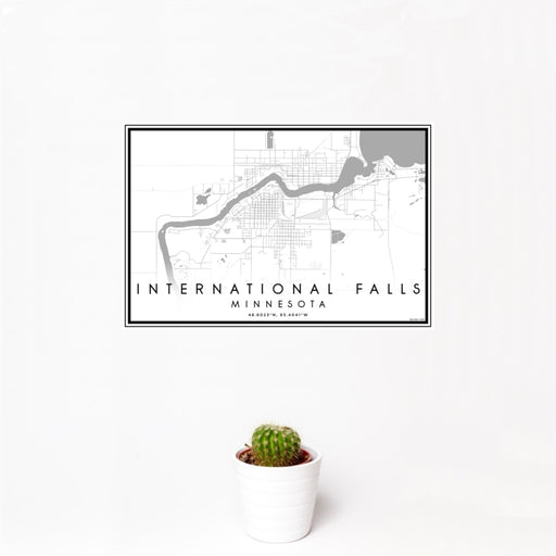 12x18 International Falls Minnesota Map Print Landscape Orientation in Classic Style With Small Cactus Plant in White Planter