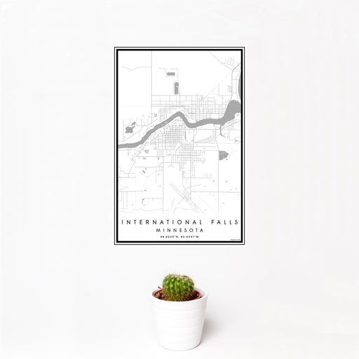 12x18 International Falls Minnesota Map Print Portrait Orientation in Classic Style With Small Cactus Plant in White Planter