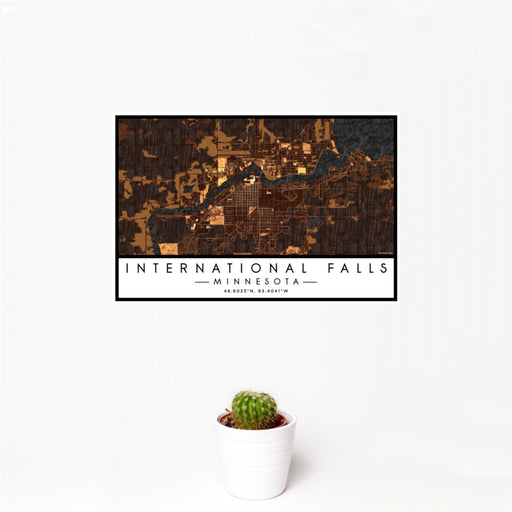 12x18 International Falls Minnesota Map Print Landscape Orientation in Ember Style With Small Cactus Plant in White Planter