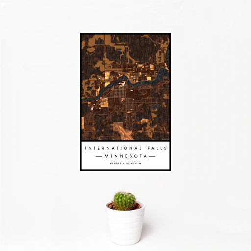 12x18 International Falls Minnesota Map Print Portrait Orientation in Ember Style With Small Cactus Plant in White Planter