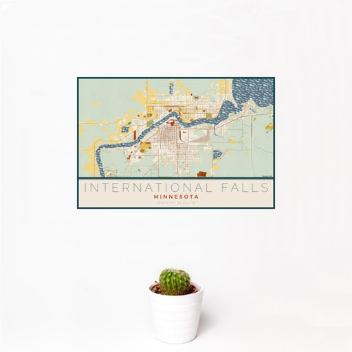 12x18 International Falls Minnesota Map Print Landscape Orientation in Woodblock Style With Small Cactus Plant in White Planter