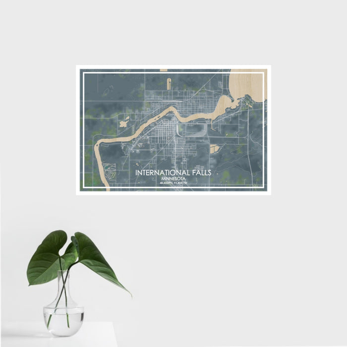 16x24 International Falls Minnesota Map Print Landscape Orientation in Afternoon Style With Tropical Plant Leaves in Water