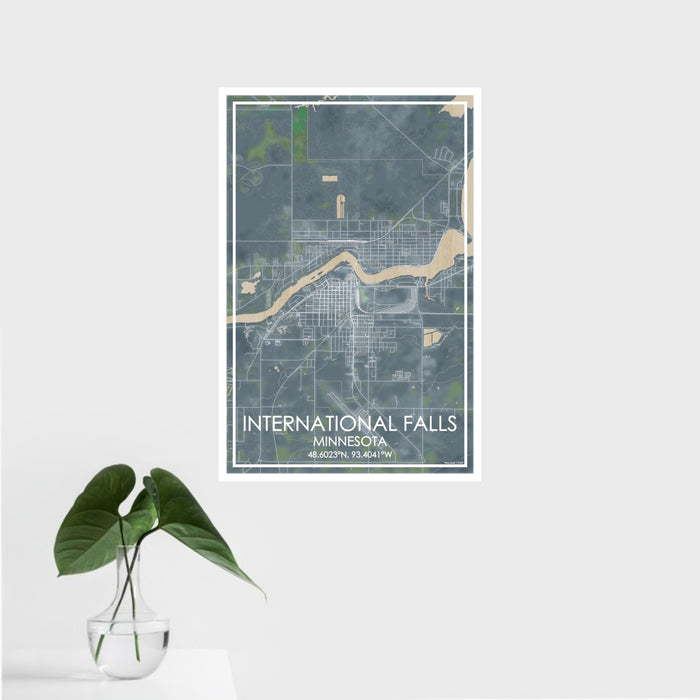 16x24 International Falls Minnesota Map Print Portrait Orientation in Afternoon Style With Tropical Plant Leaves in Water