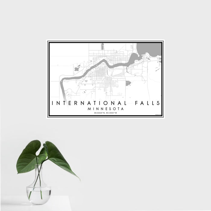 16x24 International Falls Minnesota Map Print Landscape Orientation in Classic Style With Tropical Plant Leaves in Water
