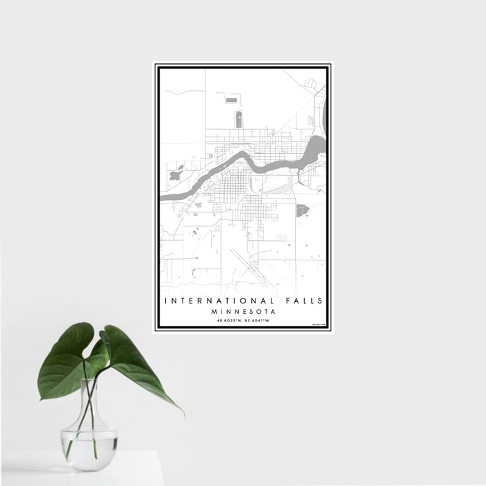 16x24 International Falls Minnesota Map Print Portrait Orientation in Classic Style With Tropical Plant Leaves in Water