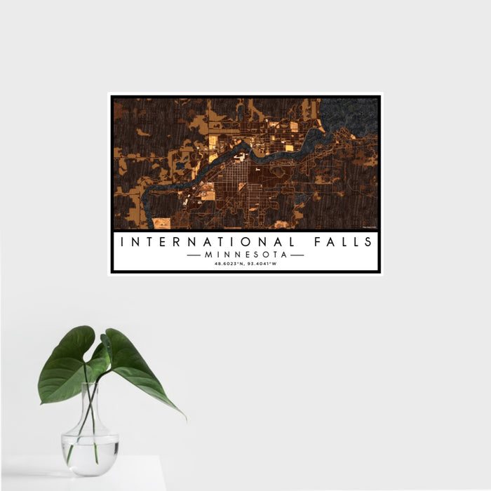 16x24 International Falls Minnesota Map Print Landscape Orientation in Ember Style With Tropical Plant Leaves in Water