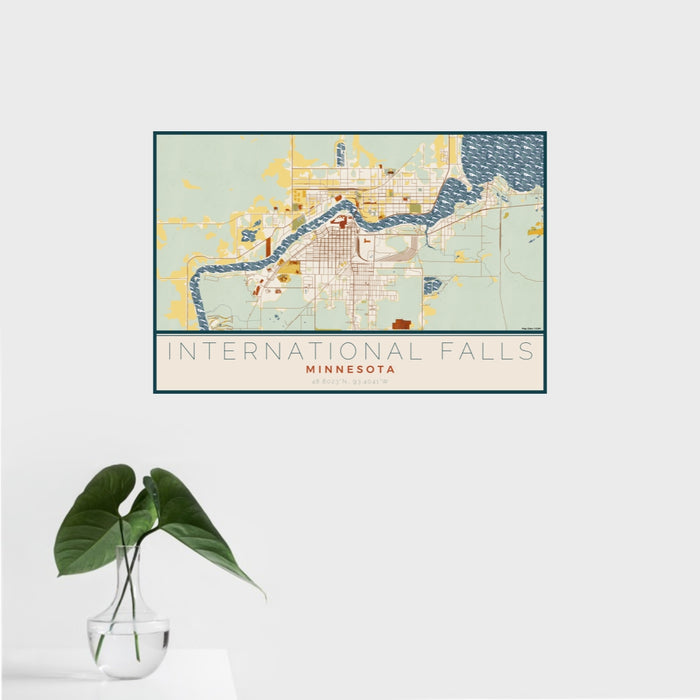 16x24 International Falls Minnesota Map Print Landscape Orientation in Woodblock Style With Tropical Plant Leaves in Water