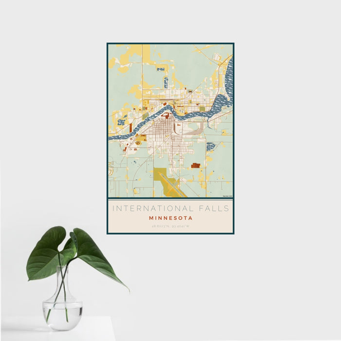 16x24 International Falls Minnesota Map Print Portrait Orientation in Woodblock Style With Tropical Plant Leaves in Water