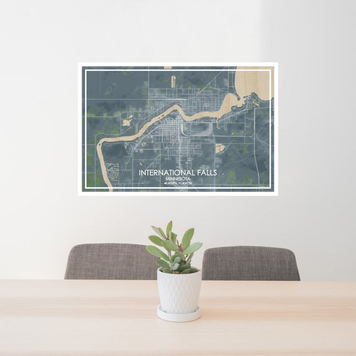 24x36 International Falls Minnesota Map Print Lanscape Orientation in Afternoon Style Behind 2 Chairs Table and Potted Plant