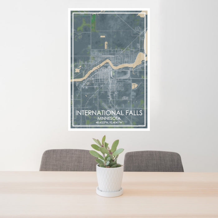 24x36 International Falls Minnesota Map Print Portrait Orientation in Afternoon Style Behind 2 Chairs Table and Potted Plant