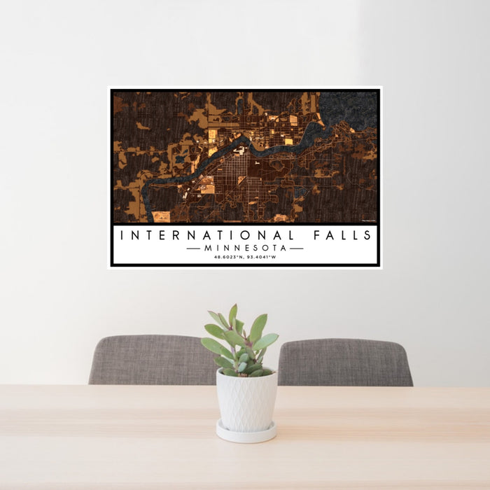 24x36 International Falls Minnesota Map Print Lanscape Orientation in Ember Style Behind 2 Chairs Table and Potted Plant