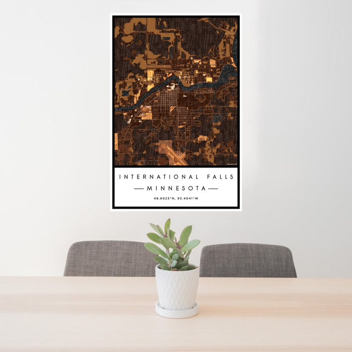 24x36 International Falls Minnesota Map Print Portrait Orientation in Ember Style Behind 2 Chairs Table and Potted Plant