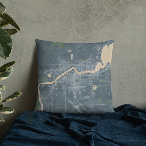 Custom International Falls Minnesota Map Throw Pillow in Afternoon on Bedding Against Wall