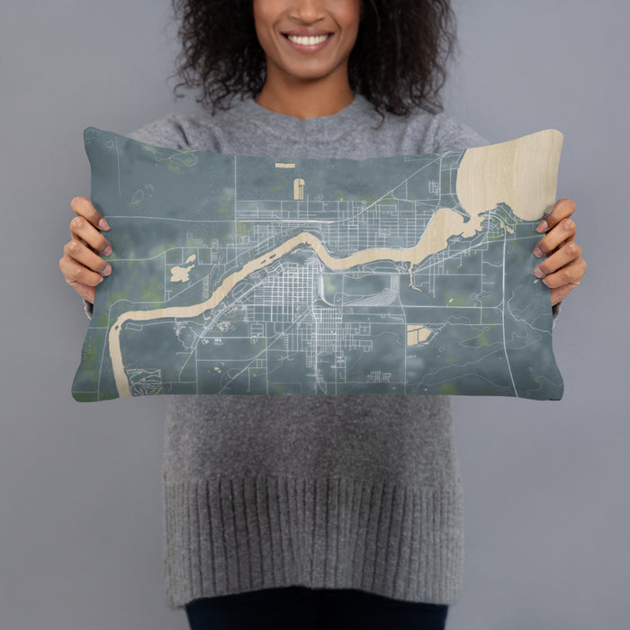 Person holding 20x12 Custom International Falls Minnesota Map Throw Pillow in Afternoon