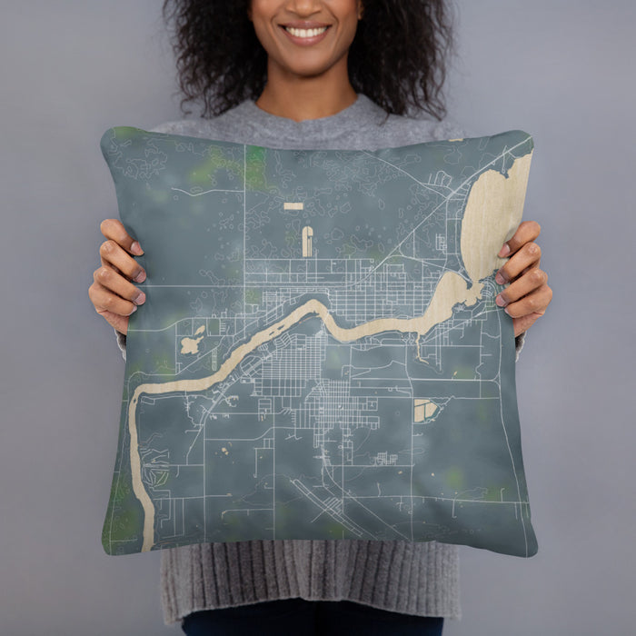 Person holding 18x18 Custom International Falls Minnesota Map Throw Pillow in Afternoon