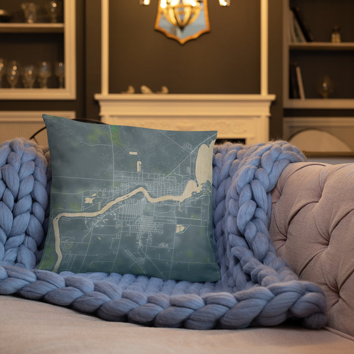 Custom International Falls Minnesota Map Throw Pillow in Afternoon on Cream Colored Couch