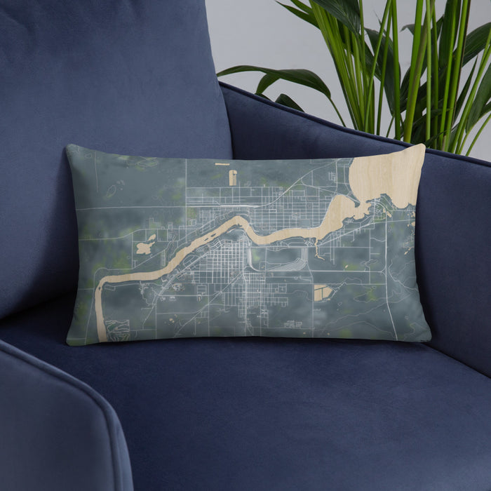 Custom International Falls Minnesota Map Throw Pillow in Afternoon on Blue Colored Chair