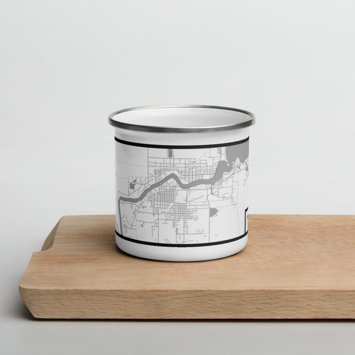 Front View Custom International Falls Minnesota Map Enamel Mug in Classic on Cutting Board