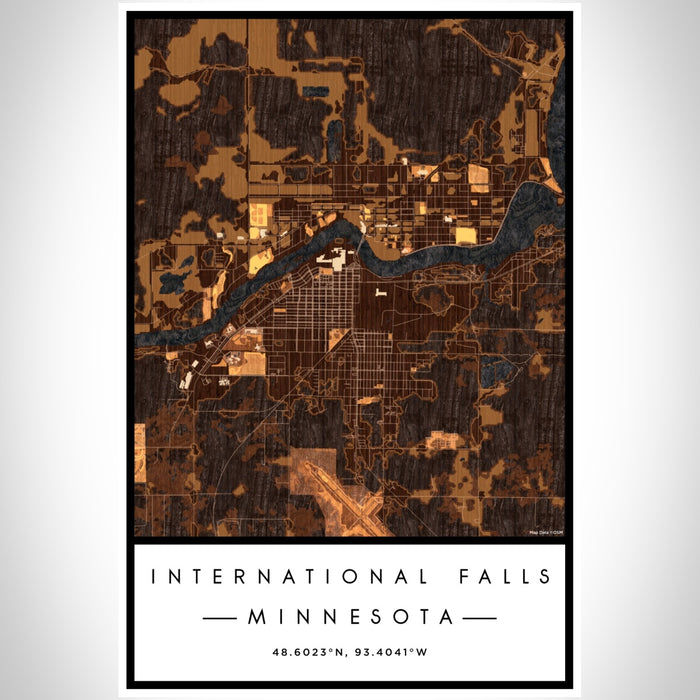 International Falls Minnesota Map Print Portrait Orientation in Ember Style With Shaded Background