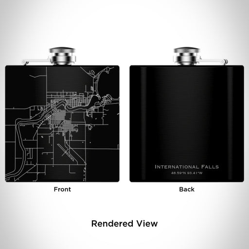 Rendered View of International Falls Minnesota Map Engraving on 6oz Stainless Steel Flask in Black