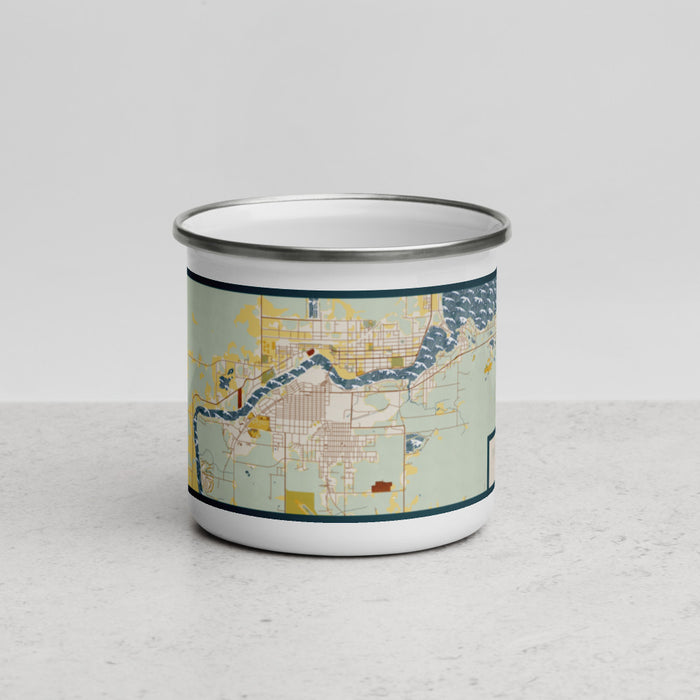 Front View Custom International Falls Minnesota Map Enamel Mug in Woodblock