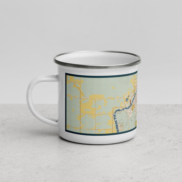 Left View Custom International Falls Minnesota Map Enamel Mug in Woodblock