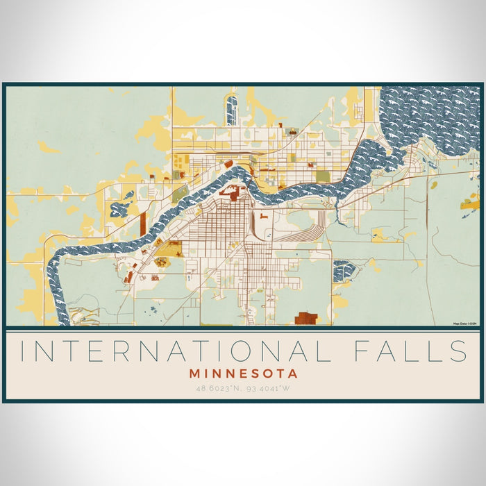 International Falls Minnesota Map Print Landscape Orientation in Woodblock Style With Shaded Background