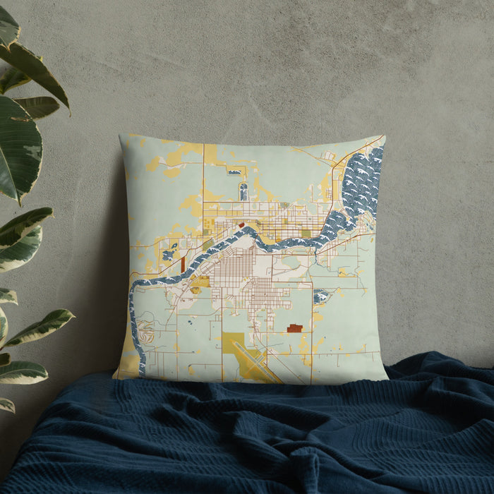 Custom International Falls Minnesota Map Throw Pillow in Woodblock on Bedding Against Wall