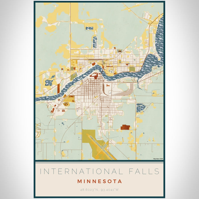International Falls Minnesota Map Print Portrait Orientation in Woodblock Style With Shaded Background