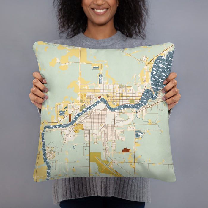 Person holding 18x18 Custom International Falls Minnesota Map Throw Pillow in Woodblock