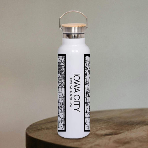 Iowa City Iowa Custom City Map Inscription Coordinates on 20oz Stainless Steel Insulated Bottle with Bamboo Top in Matte White with printed Tactile Lines Map in Black