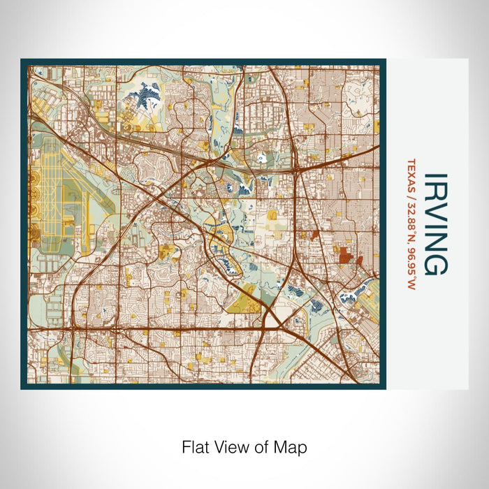 Rendered View of Irving Texas Map on 20oz Stainless Steel Insulated Bottle with Bamboo Top with printed woodblock style map