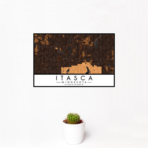 12x18 Itasca Minnesota Map Print Landscape Orientation in Ember Style With Small Cactus Plant in White Planter