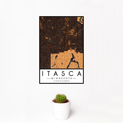 12x18 Itasca Minnesota Map Print Portrait Orientation in Ember Style With Small Cactus Plant in White Planter