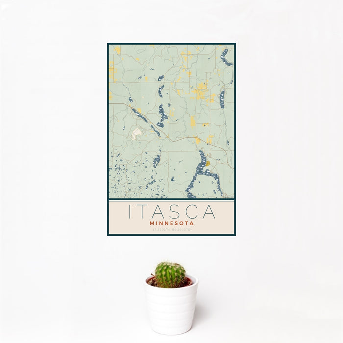 12x18 Itasca Minnesota Map Print Portrait Orientation in Woodblock Style With Small Cactus Plant in White Planter