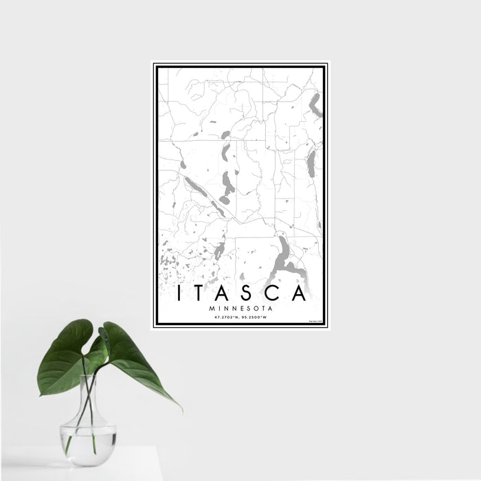 16x24 Itasca Minnesota Map Print Portrait Orientation in Classic Style With Tropical Plant Leaves in Water