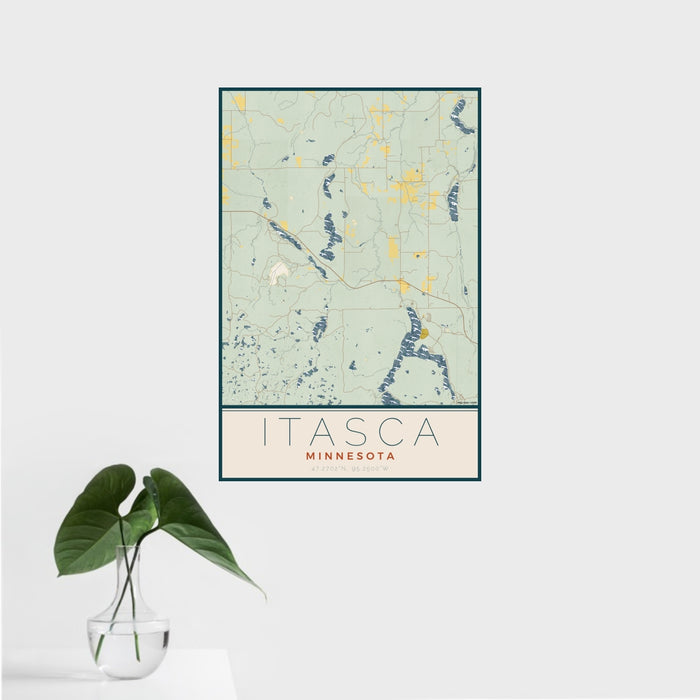 16x24 Itasca Minnesota Map Print Portrait Orientation in Woodblock Style With Tropical Plant Leaves in Water