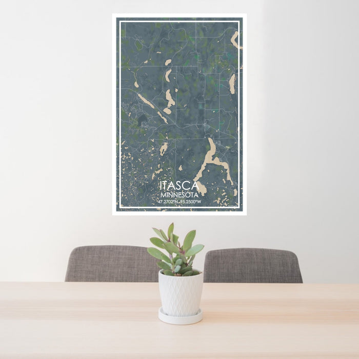 24x36 Itasca Minnesota Map Print Portrait Orientation in Afternoon Style Behind 2 Chairs Table and Potted Plant