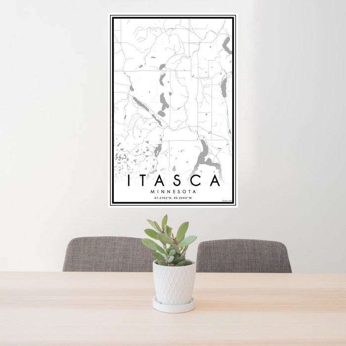 24x36 Itasca Minnesota Map Print Portrait Orientation in Classic Style Behind 2 Chairs Table and Potted Plant