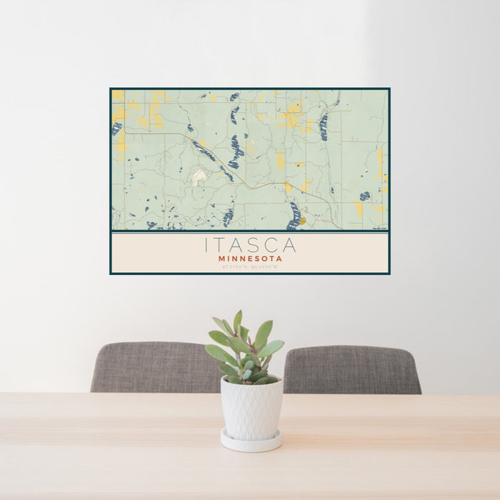 24x36 Itasca Minnesota Map Print Lanscape Orientation in Woodblock Style Behind 2 Chairs Table and Potted Plant