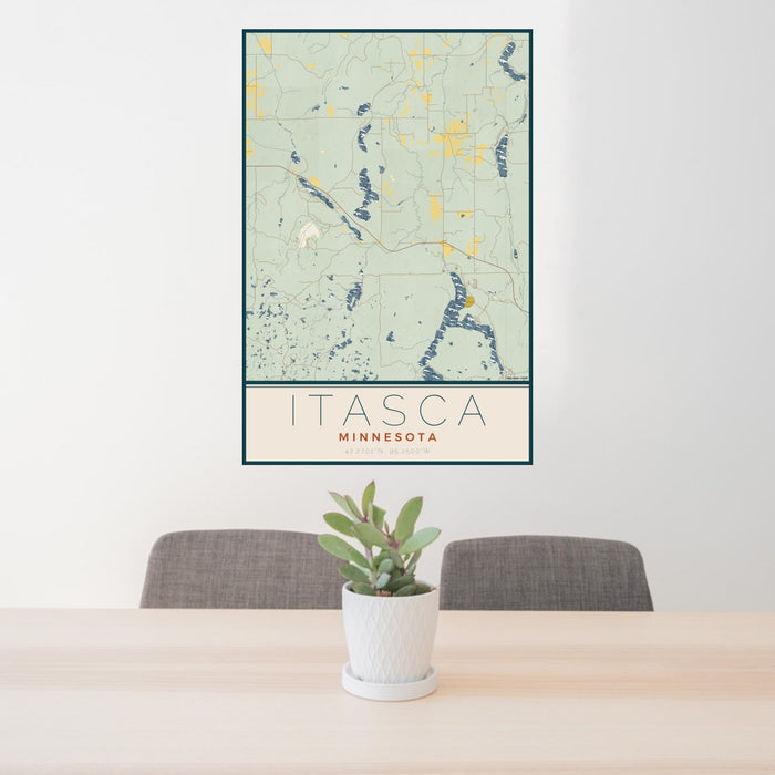 24x36 Itasca Minnesota Map Print Portrait Orientation in Woodblock Style Behind 2 Chairs Table and Potted Plant