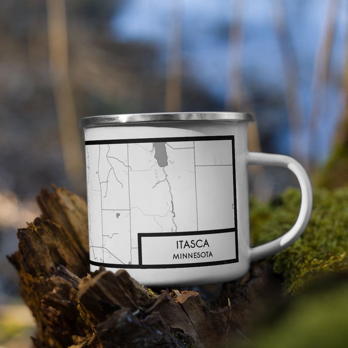 Right View Custom Itasca Minnesota Map Enamel Mug in Classic on Grass With Trees in Background